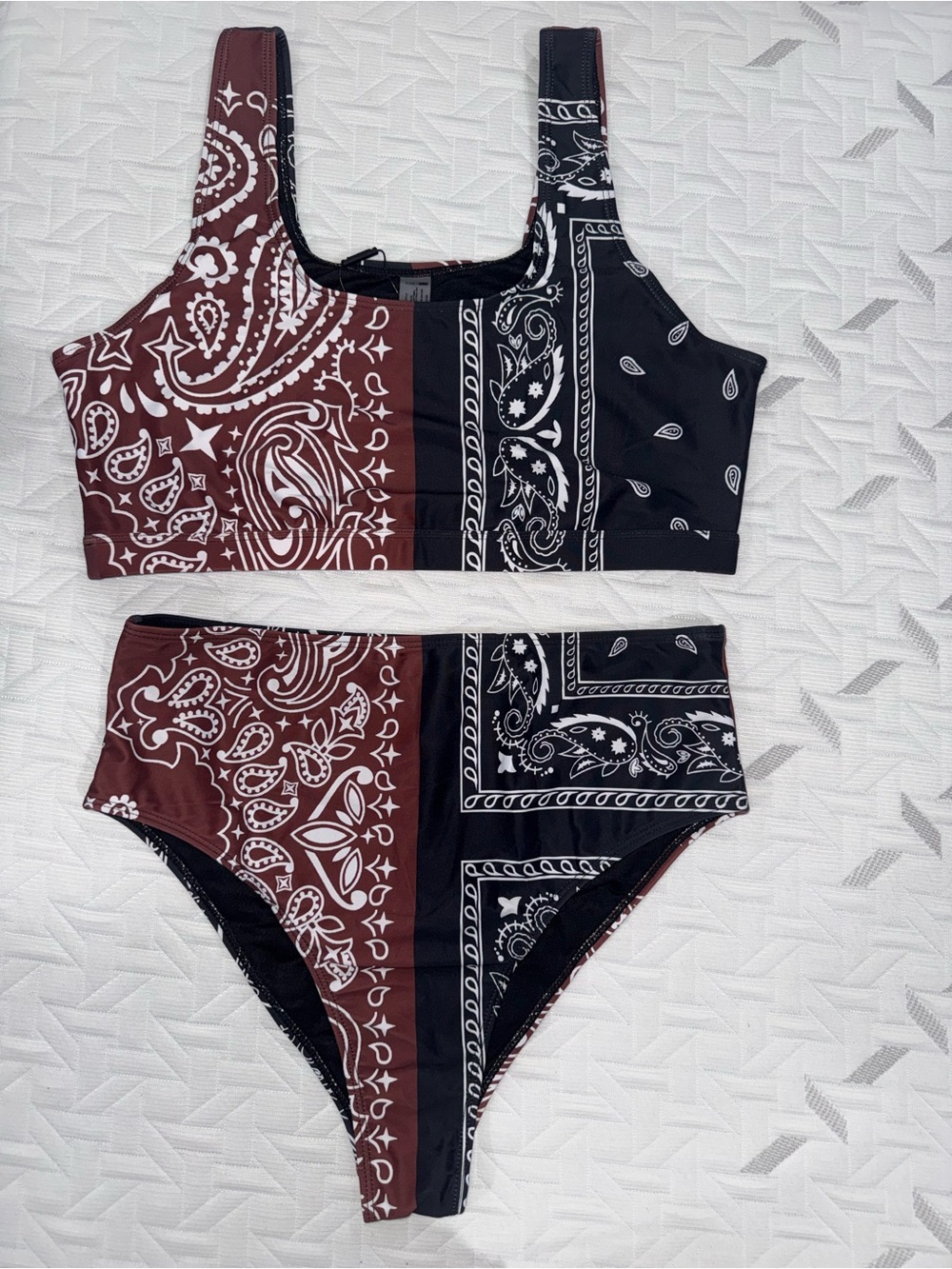 Fashion Nova Bandana Print High Waisted Bikini Set - Black & Brown